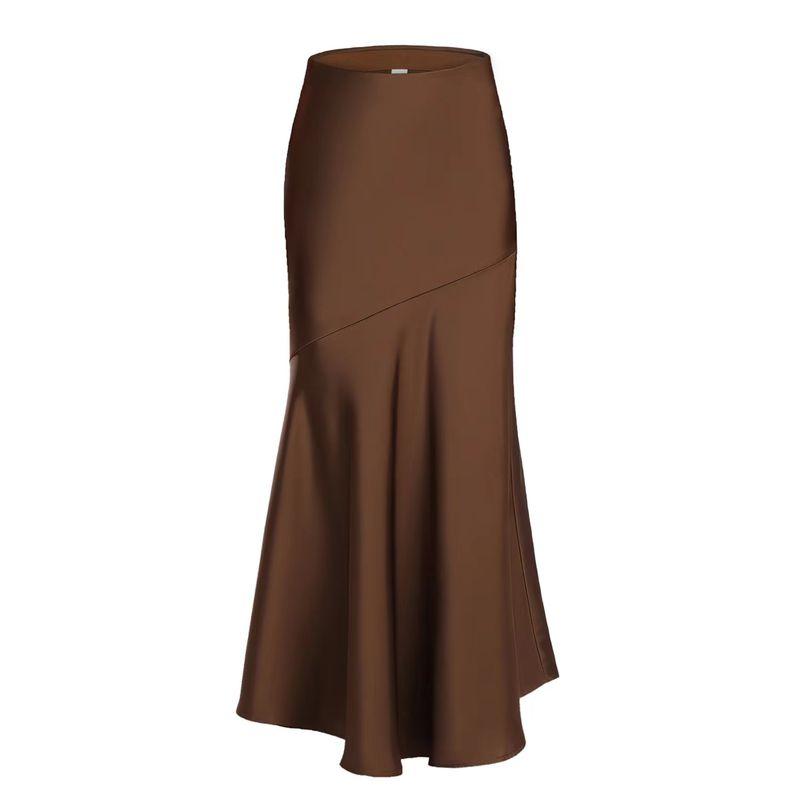 

Western Style Satin Skirt Elastic Waist Patchwork Slim fit Hip Skirt High Waisted Satin Skirt Brown XL