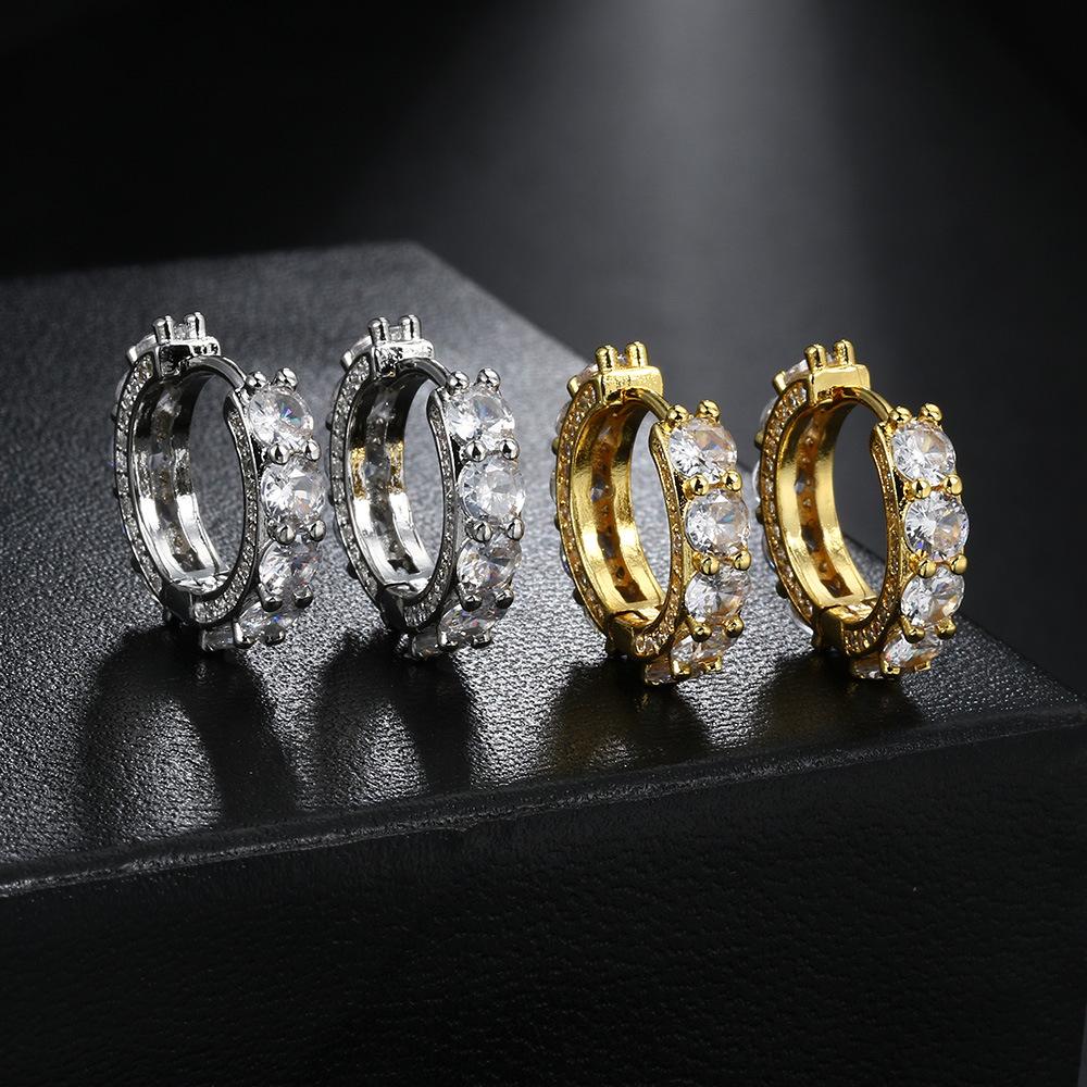 Hip Hop Full Diamond Big Ear Buckle Men'S Geometric Round Zircon Earrings Cross Rivets Hiphop Trend Earrings