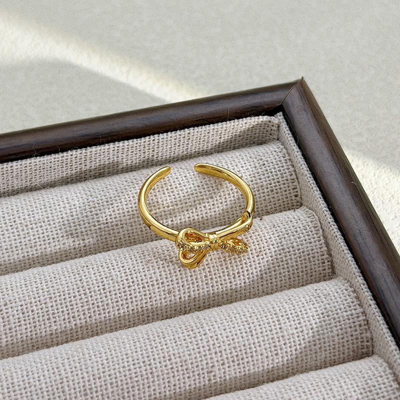 Medieval Vintage Micro-Inlaid Zircon Bow Open Ring Women'S Retro Light Luxury Niche High-End Index Finger Ring