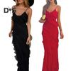 Women Evening Dress Low-cut V Neck Backless Sleeveless Spaghett Strap Split Hem Patchwork Slim Fit Floor Length Solid Color Cocktail Prom Party Maxi