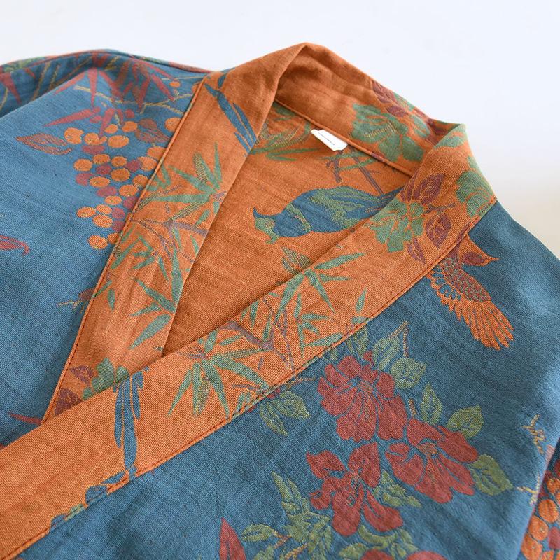 Spring Jacquard High Quality Color Woven Cotton Double Layer Gauze Sleeping Robes for Women Medium Length Yukata Bathrobe