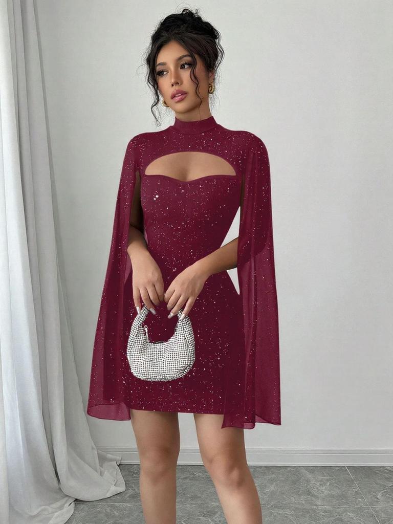 European & American Women's Ribbed Pearl Chiffon Cape Dress
