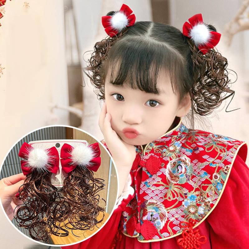 Kids Girl Wig Hair Clip Red New Year Headwear Plush Ball Bow Barrettes Children Hairpins No Harm Baby Headpiece Accessoriess