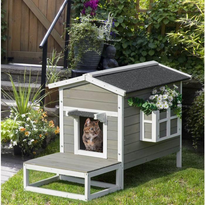 Cat and Dog Niche with Terrace and Balcony, Bitumen Roof, Grey and White Wood - UVRION 115 × 66.5 × 74.7 cm