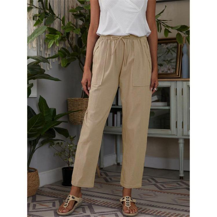 Women Casual Pants Autumn Solid Color Loose Cotton Linen Elastic Waist Big Pockets