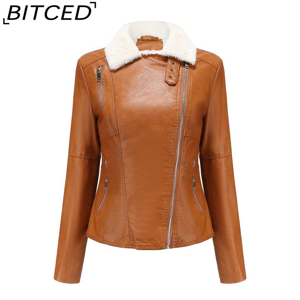 BITCED Autumn/Winter Faux Fur-Lined Leather Jacket for Women with Fleece Lining, Long Sleeves, Warm Coat, Casual Style