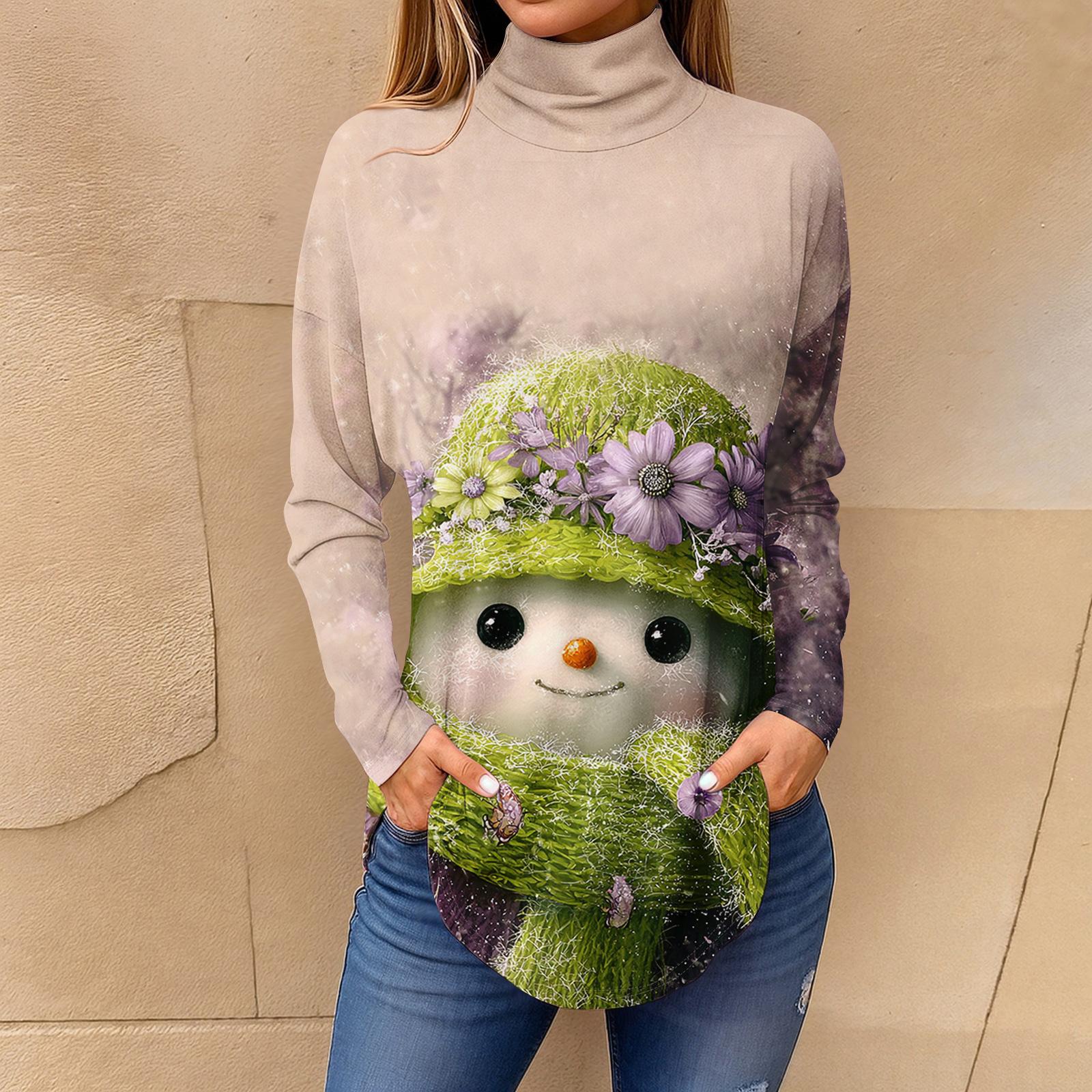 

Women s Fashionable Casual High Neck Printed Long Sleeve T-Shirt Pullover Top XL