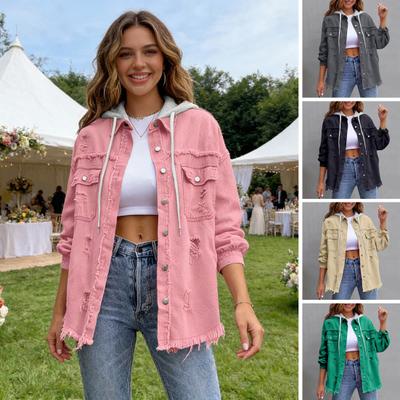 Women's Denim Jacket with Hood Oversized Distressed Ripped Jean Coat Button Down Long Sleeve Fall Spring Outerwear