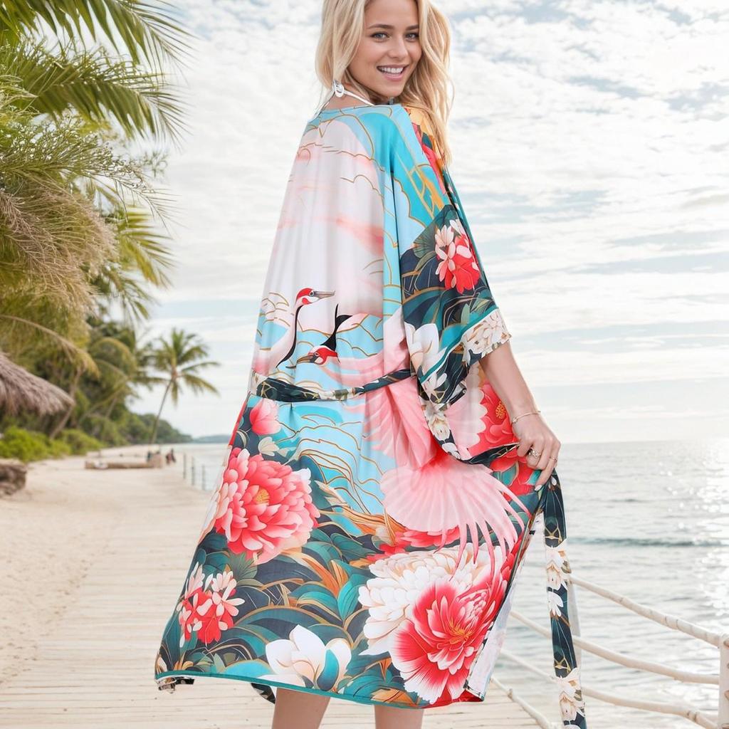 2025 Rayon Beach Cover-up Cardigan with Chinese Crane Print