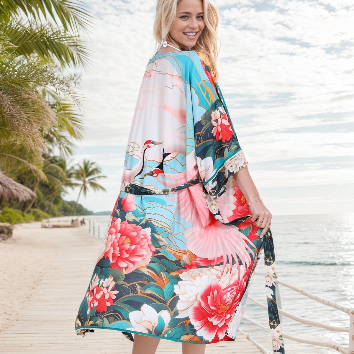 

2025 Rayon Beach Cover-up Cardigan с принтом «Китайский журавль» One Size