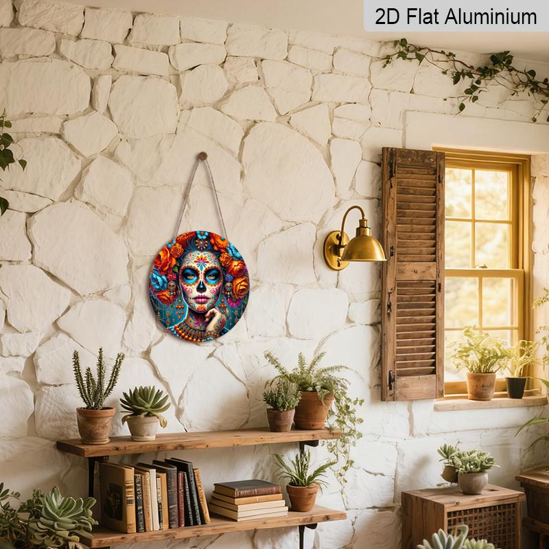 2D Flat 1pc, 8x8 in, Round Aluminum Metal Sign - Skull Design, Themed for Day of The Dead - for Outdoor & Indoor Decoration - Suitable for Spring and