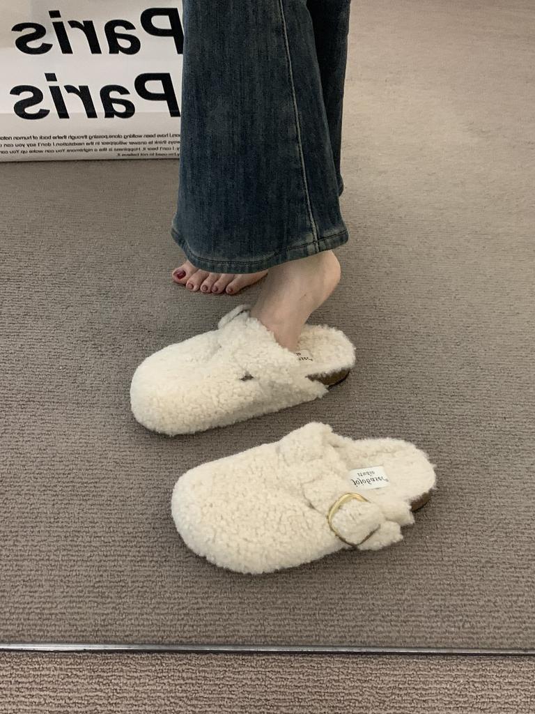 Thick-soled sheep curly wool plush bag head half slippers women's outer wear 2025 winter new cork wool slippers one pedal