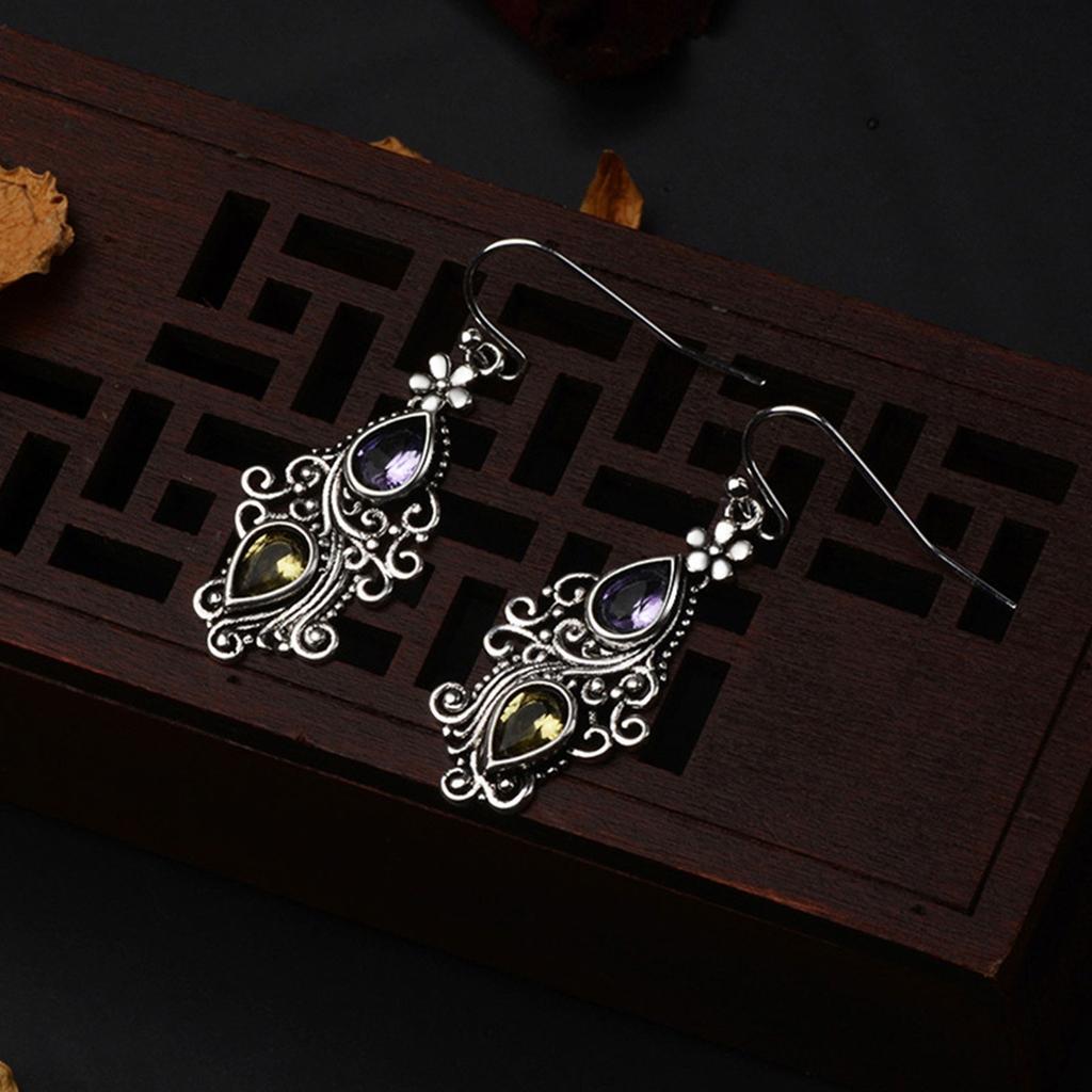 Vintage Damen Tropfenform Strassstein Blume Hängende Hakenohrringe