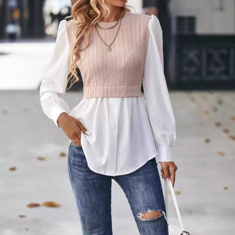 

Модные новые повседневные блузки с круглым вырезом в стиле пэчворк, женские топы, приталенные женские рубашки с длинным рукавом, элегантные однотонные винтажные женские рубашки 25823 XXL розовый