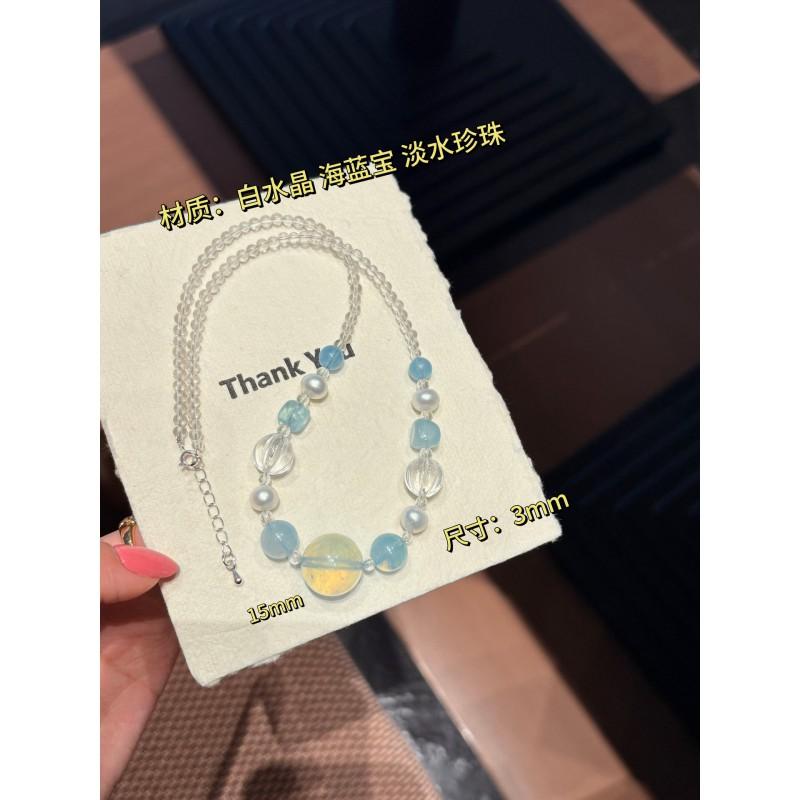 Handmade Natural Aquamarine Clear Quartz Choker Necklace Women Stylish Layering Jewelry