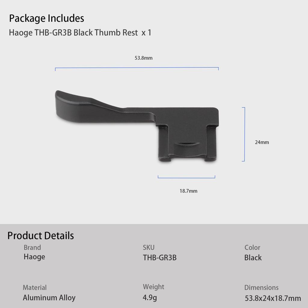 Haoge THB-GR3B Metal Hot Shoe Thumb Rest Hand Grip for RICOH GR4 GR III X GRIII GR3 GR3X GR IV Cameras, Black
