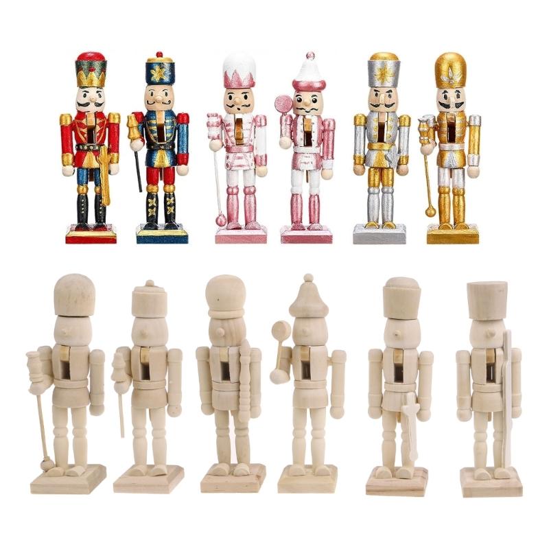 6pcs Christmas Nutcrackers Soldier Unpainted DIY Wood Walnut Figures with Paint and Brush Unfinished Nutcrackers Decor