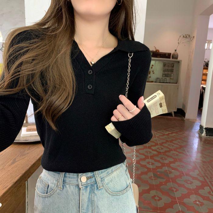 

Women s Korean Minimalist Polo Collar Knit Sweater - 2024 Autumn/Winter Collection One Size чёрный