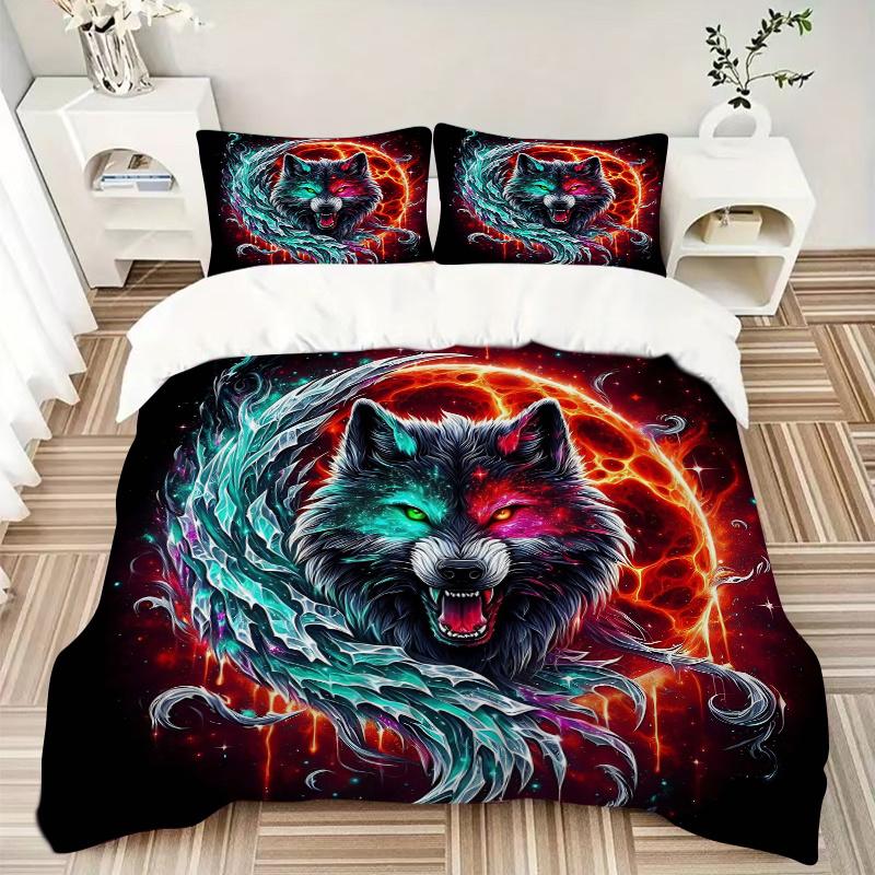 3pcs Galactic Wolf Print Bedding Set (1 Cover + 2 Pillowcases, Without Inserts), This Printed Bedding Set is Soft and Comfortable, Suitable for U