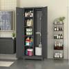 Broom Storage Cabinet With Locking Doors And Shelves, 65" H Metal Storage Cabinet With Hanging Rod & S-Hooks, Cleaning Tool Storage Cabinet
