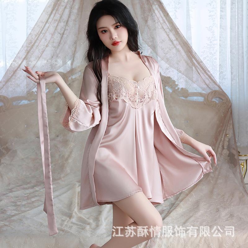 Crispy New Spring and Summer Comfortable Pajamas Backless Sweet Embroidered Lace Suspender Pajamas Women's Cardigan Loungewear Set