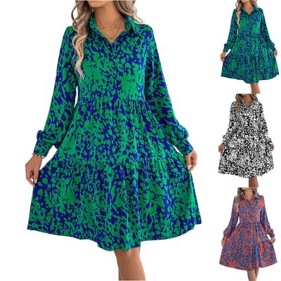 Women's Summer Fashion Printed Lapel Button Loose Long Sleeved Shirt Dress