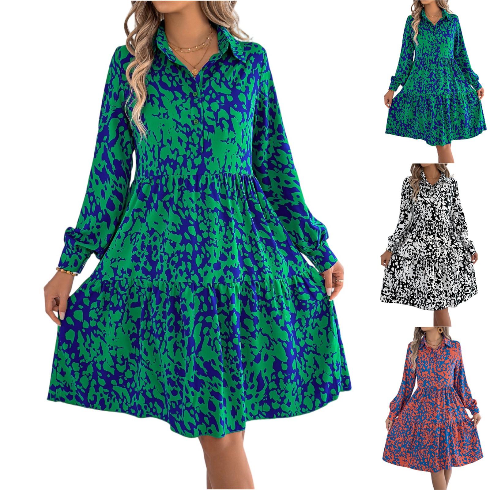 

Women s Summer Fashion Printed Lapel Button Loose Long Sleeved Shirt Dress M зелений