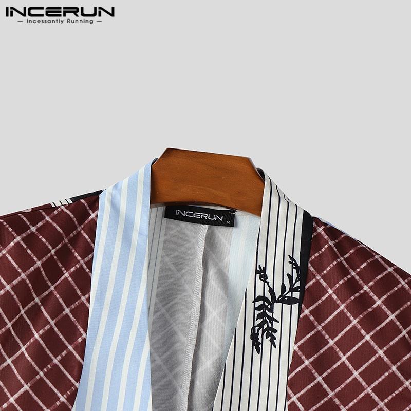 INCERUN Summer Men Sleeveless Plaid Striped Print Irregular Short Tank Tops
