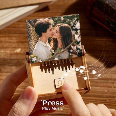 1PC Personalized Wooden Music Box, Customizable Song Voice, Photo Gift with Text