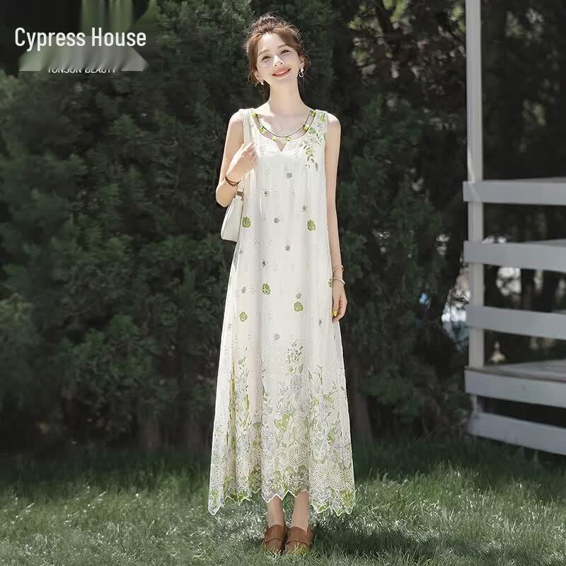 French Style Embroidered Color-block Midi Dress L
