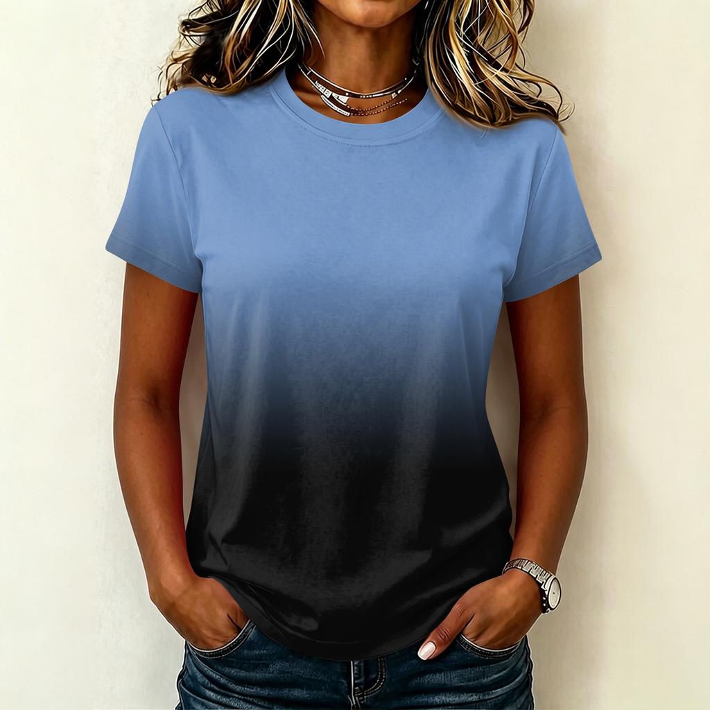 Women's Casual Pullover Short Sleeve T Shirt Gradient Color Crew Neck Top Lightweight Soft Fabric Summer Basic Tee