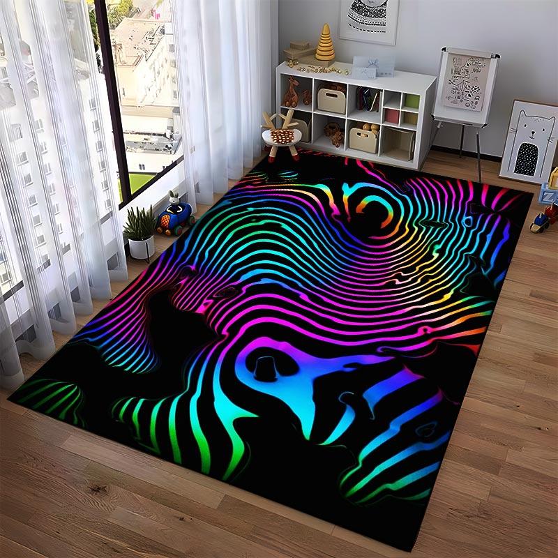 Psychedelic Rainbow Line Art Carpet with Black Background Design Suitable for use as an anti-slip for living room bedroom sofas