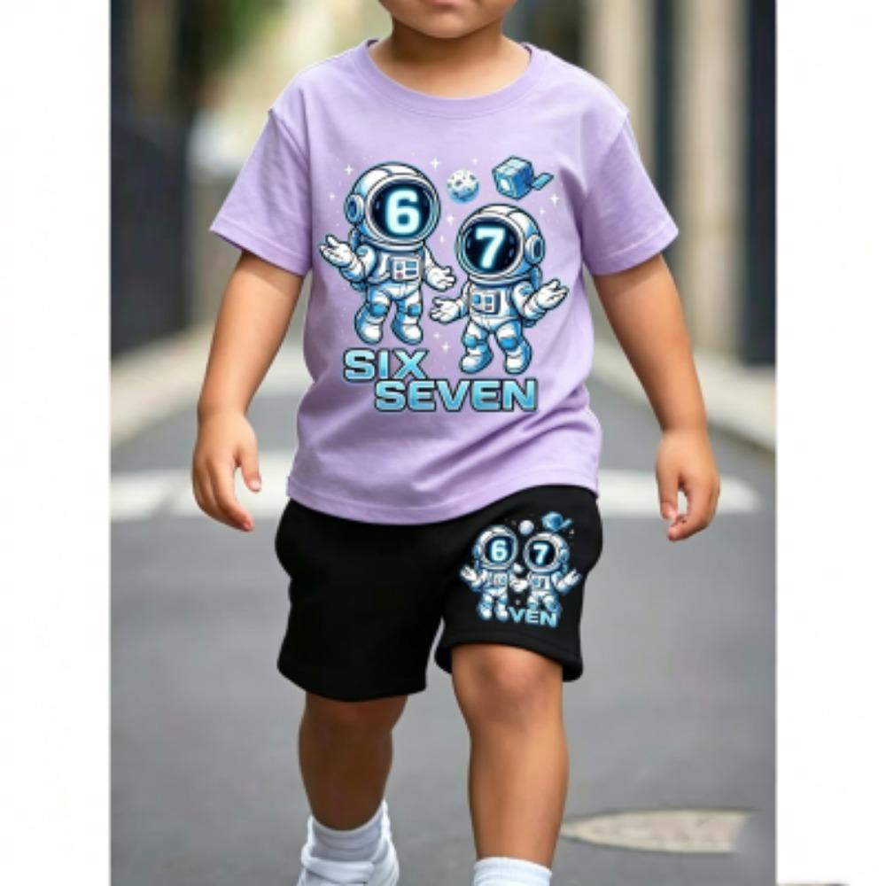 Kinder 67 Astronaut Spaß Aufdruck 11 Farben Kinder T-Shirt und Shorts 2-teiliges Set Sommer Haus Draußen Freizeit Outfit Jungen und Mädchen Sportset