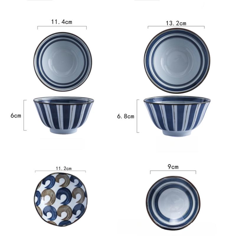 Japanese Style Blue and White Porcelain Dinnerware Sets for One Person Dinner Include Bowls, Plate, Chopsticks, Dishes Set Ceramic Gift Box Set of 6