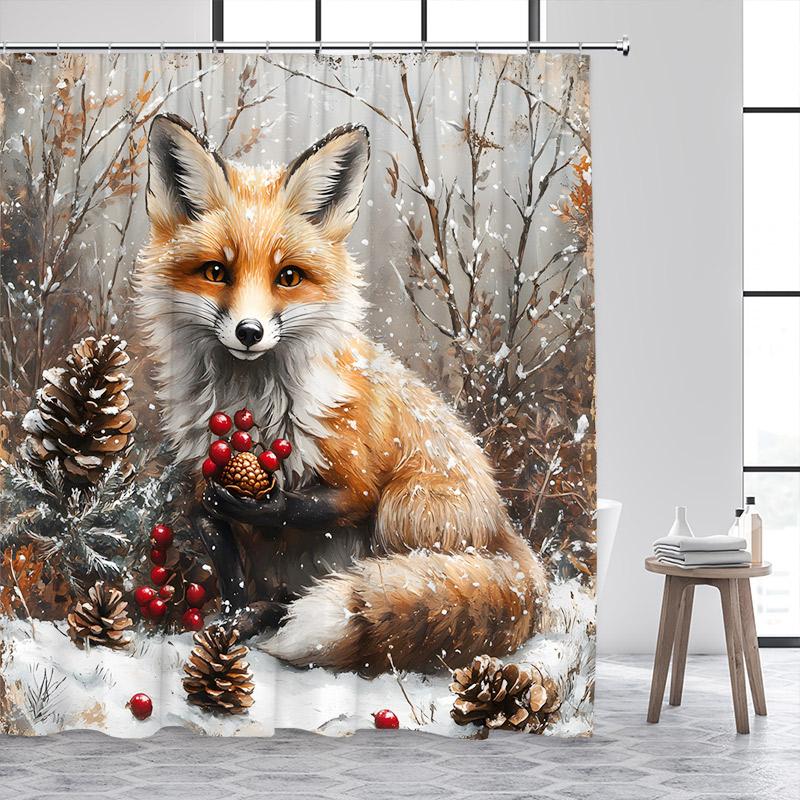 Funny Fox Shower Curtain Autumn Forest Maple Leaves Animal Fall Art Scenery Bath Curtains Fabric Home Bathroom Decor with Hooks