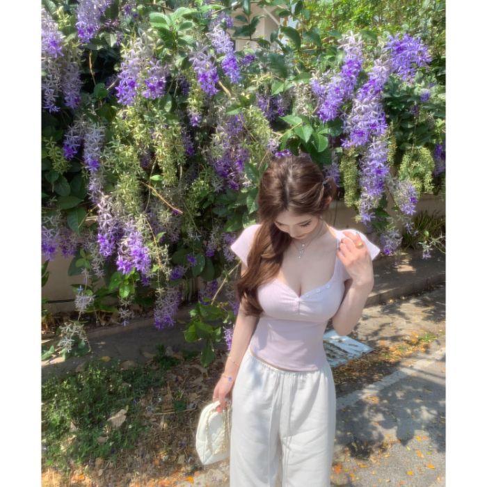American Front Shoulder Short-sleeved T-shirt Women's Summer Korean Slim-fitting and Thin Inner Bottoming Shirt Spice Girl Short Casual Top