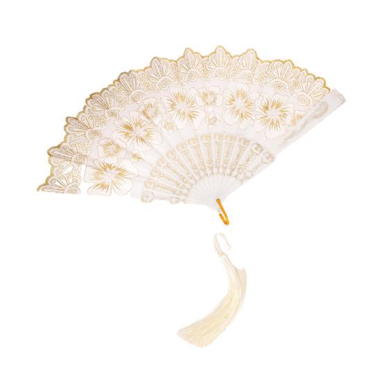 

Chinese Style Flower Folding Fan with Faux Pearl Tassel Portable Plastic Ribs Hand Fan Women Dance Performance Props Party Favors