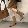 Pointed High-heeled Short Boots Women's 2025 New Autumn Retro Pleated Piled Boots Thin Heels Western Thin Boots