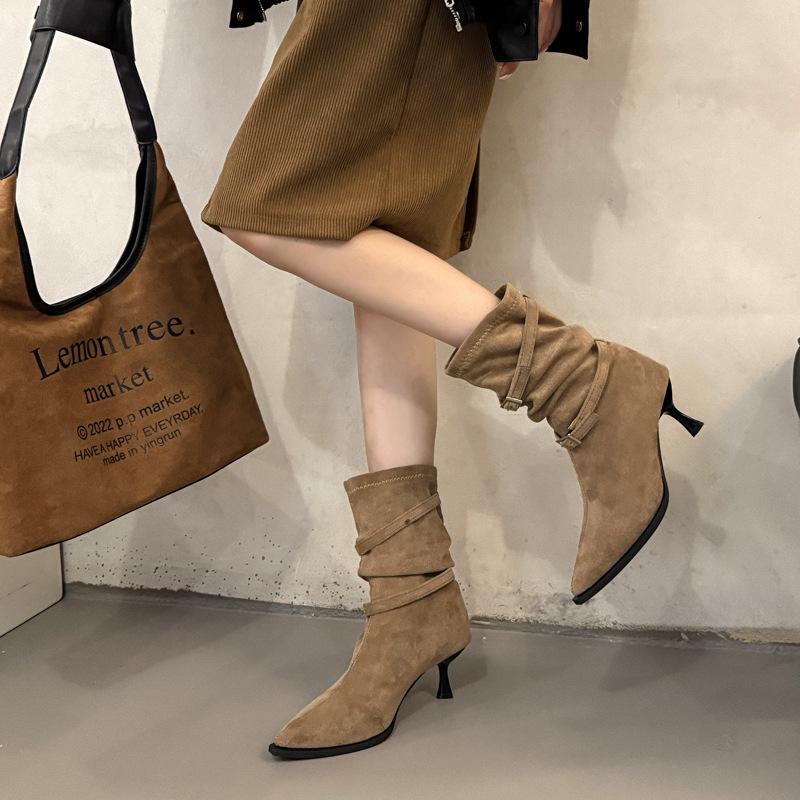Pointed High-heeled Short Boots Women's 2025 New Autumn Retro Pleated Piled Boots Thin Heels Western Thin Boots