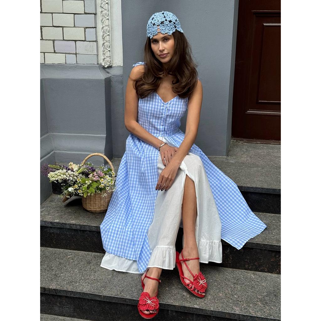 Summer New Blue Plaid Fake Two-piece Splice Single-breasted Strap Dress for Women European & American Style