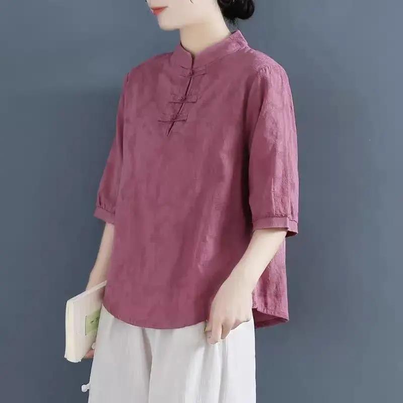 Women's Pure Cotton Clearance Retro Buttoned Cotton and Linen Mid-sleeve Shirt Chinese Style Stand Collar Top
