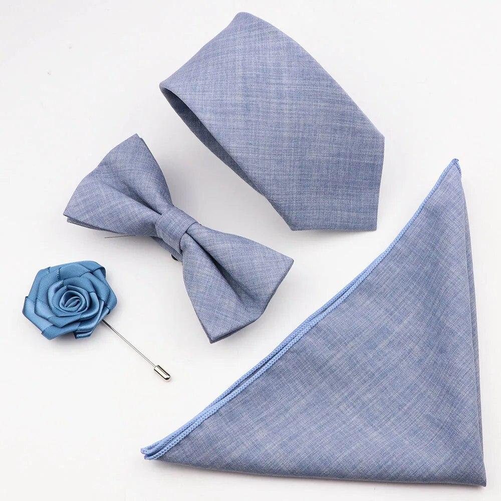 Sada 4ks kravat, Pánské, Šalvějová zelená, Motýlek na kravatu z bavlny, Brož na manžetové knoflíčky, K obleku pro ženicha, Svatba,