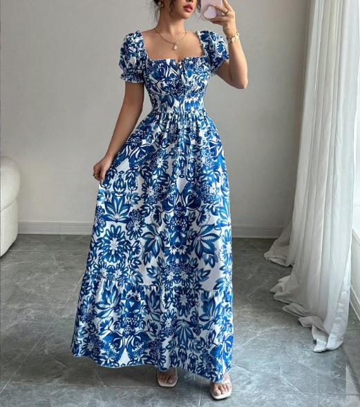 New printed puff-sleeved square collar lace-up waist elegant dress for women