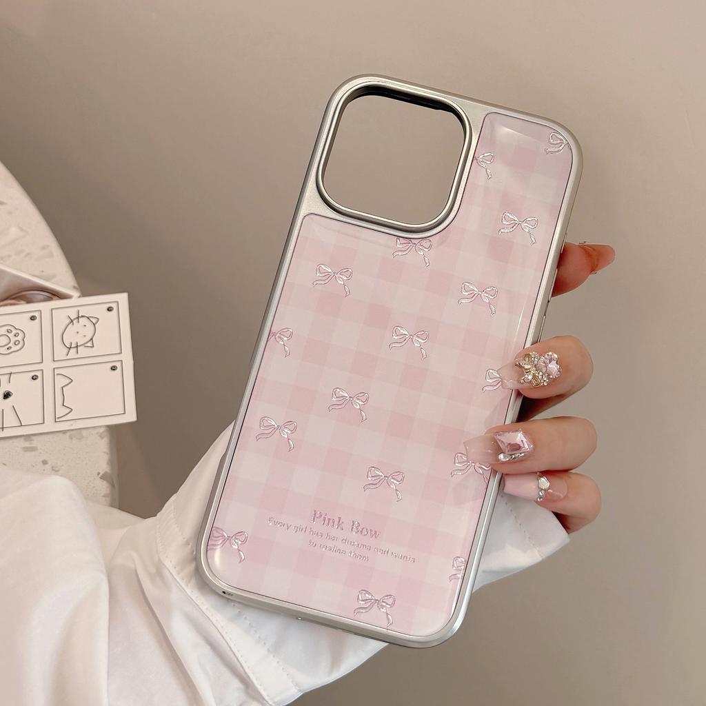 Gilt Gold Is Suitable for Apple 17promax Mobile Phone Case Iphone16 Pink Plaid Bow 13 Electroplated High-quality Mobile Phone Case