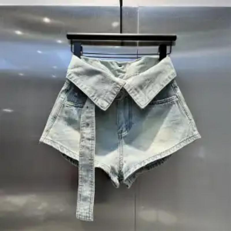 Damen Beigefarbene High Waist Jeans-Shorts mit Oversized-Kragen und Bindegürtel, Lässige Hotpants