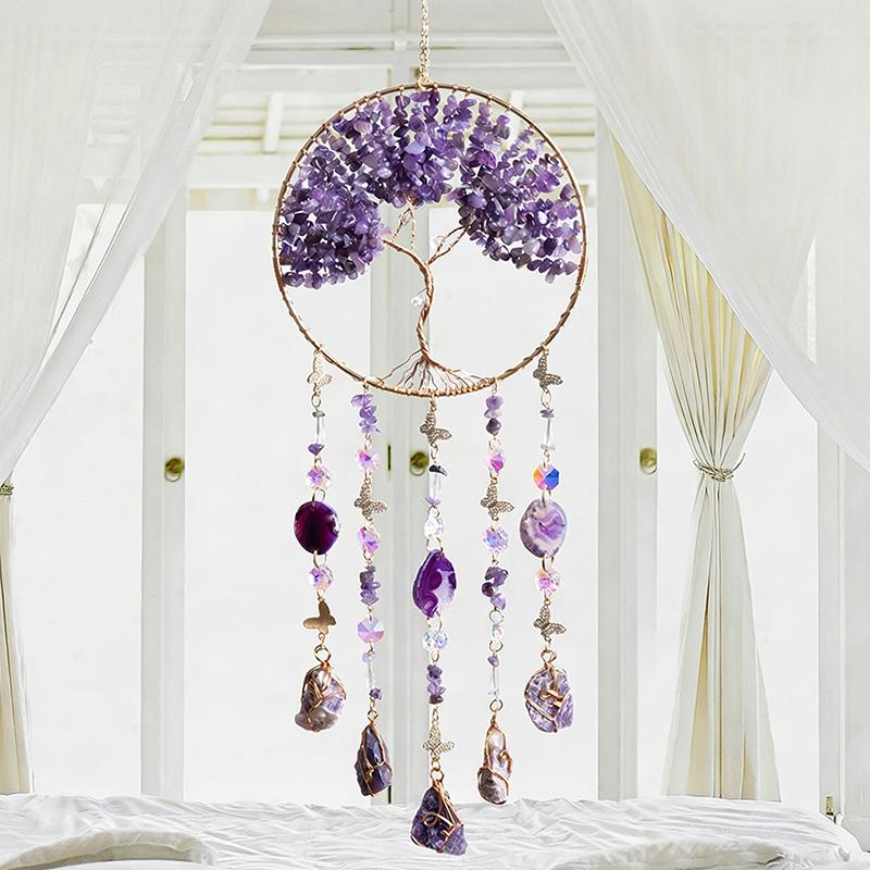 Hand-Woven Wind Chimes Life Tree Dream Crystal Wind Chime Crystal Stone Room Decoration Engraving Christmas