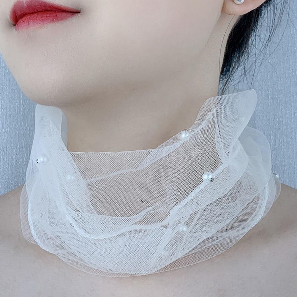 Spring Summer Chiffon Neck Collar Scarf Mesh Fake Pear Women Head Thin Sunscreen Anti-UV Scarf Fashion Lace Beaded Scarves бежевый