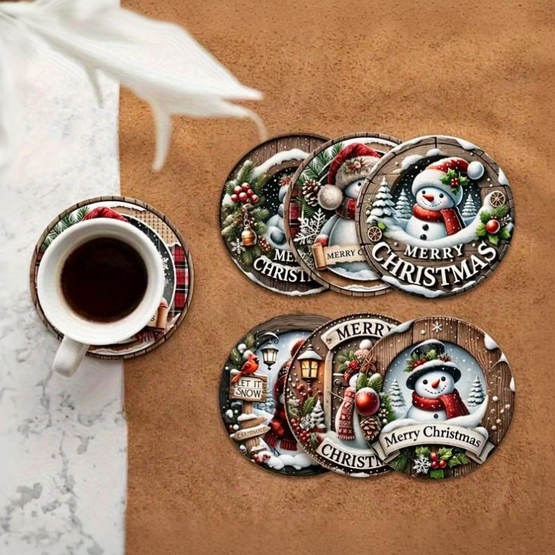6/8 Stück Runde Holz-Untersetzer im Weihnachts-Design, Rutschfest und Hitzebeständig, Für Büro und Küche, Dekorative Tassenhalter, Geschenke