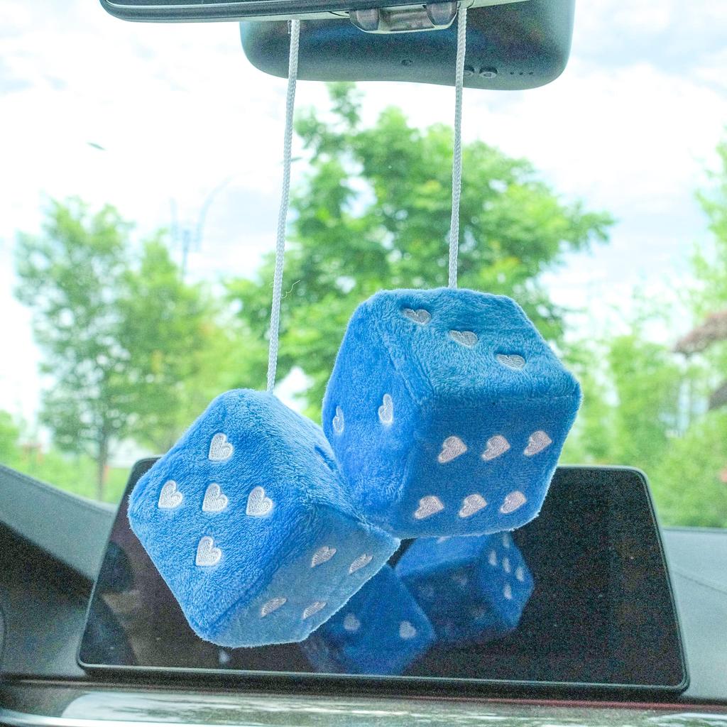 1 Pair 3" Fuzzy Plush Dice Heart Shape Decorative Car Rearview Mirror Retro Square