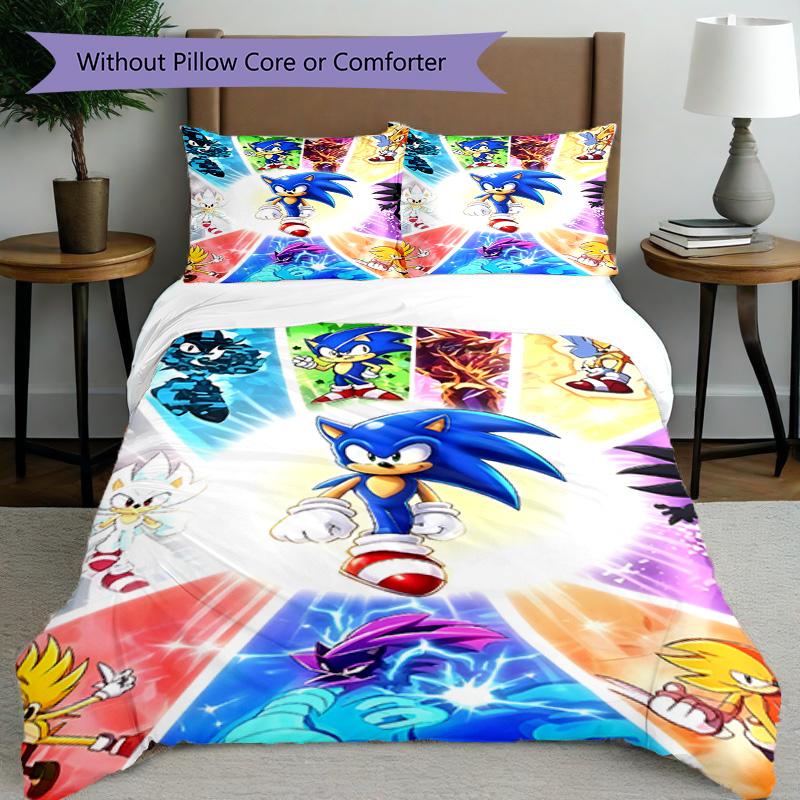 Set cuvertură de pilota 3 buc (1 * Husă de pilota + 2 * Față de pernă, Fără Miez), Set de așternut cu Imprimeu Sonic, Decor Dormitor, Pentru Toate Sezoanele, Cadou de Ziua de Naștere